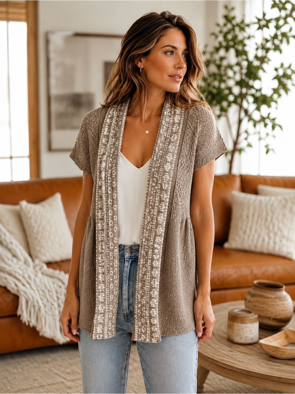Taupe Fair Isle Open Front Knit Babydoll Cardigan Short Sleeve Layering Sweater